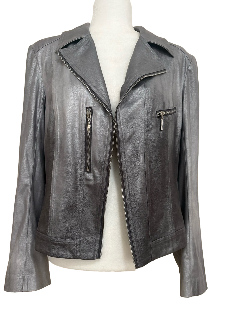 INSIGHT NY Silver Gray Liquid Leather Moto Jacket - Women